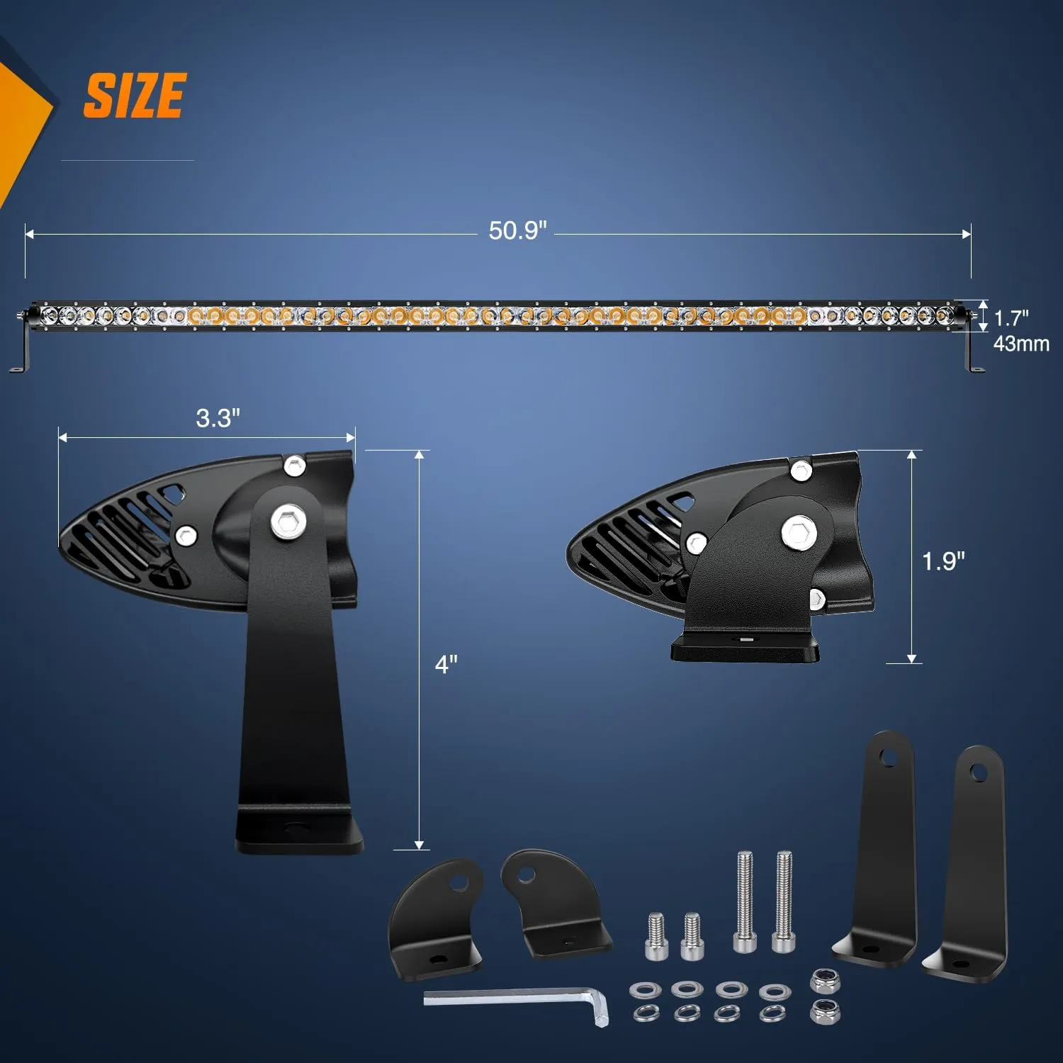 51 Inch 250W 15500LM Amber Slim Spot Flood Led Light Bar | 2 Style Mounts