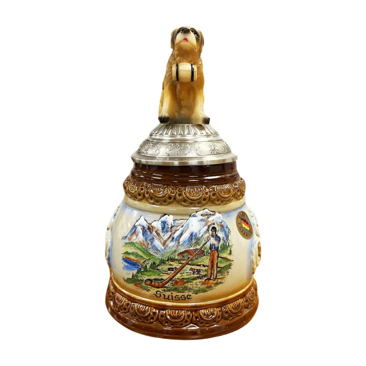 Beer Stein with Alphorn Player, Swiss Alps & St. Bernard Top - 0.5L