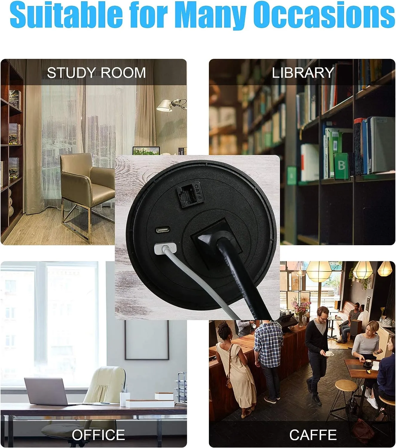 E-Macht Desktop Power Grommet Outlet with USB, Recessed Power Strip with AC Outlet & USB(Type A & Type C) & Receptacle Outlet(RJ45, HDMI)