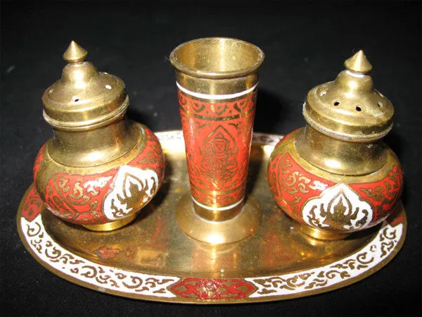 LOT 4 Gold Tone BRASS SALT PEPPER SHAKERS, TOOTHPICK HOLDER, TRAY SET