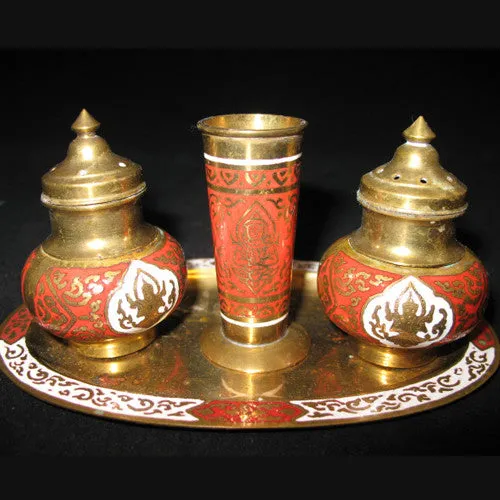 LOT 4 Gold Tone BRASS SALT PEPPER SHAKERS, TOOTHPICK HOLDER, TRAY SET