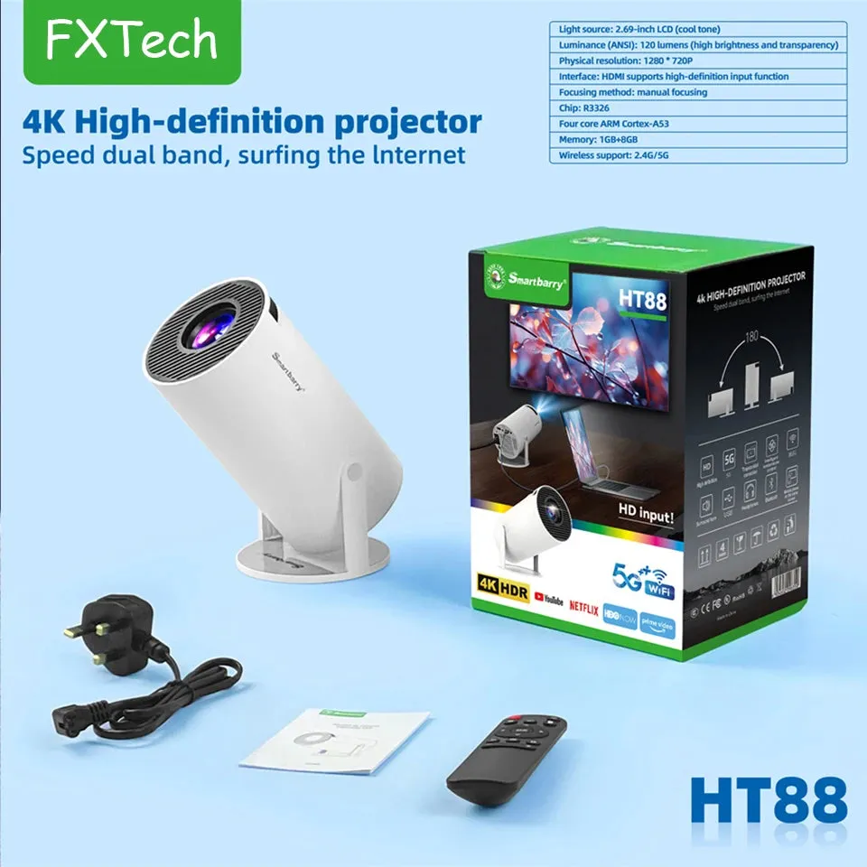 Portable Smart Projector 4K HD Screen 1280*720P 5G Wireless.