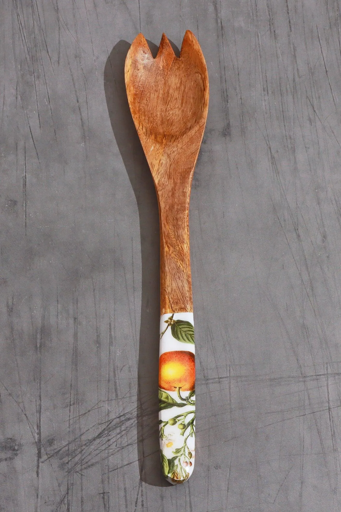 Wooden Salad Serving Spoons with Decorative Orange Blossom Print Handles
