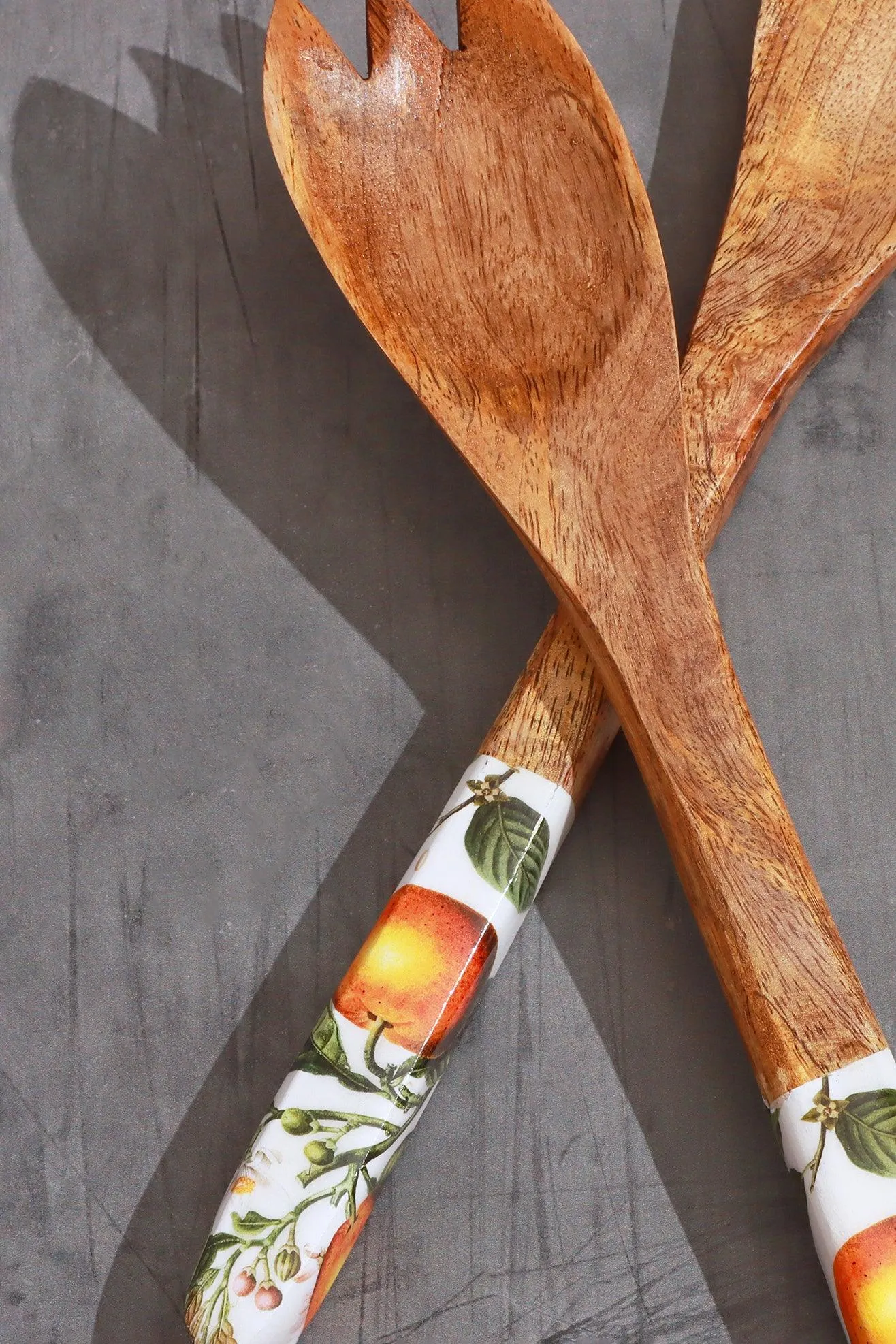 Wooden Salad Serving Spoons with Decorative Orange Blossom Print Handles
